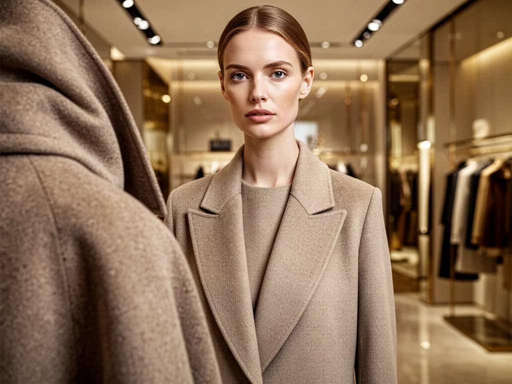 Elegancka kobieta w minimalistycznym płaszczu z wysokiej jakości wełny w luksusowym wnętrzu butiku.