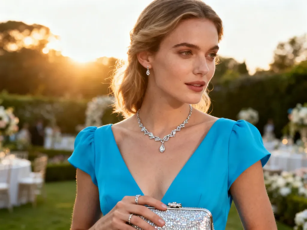 Kobieta w chabrowej sukience z elegancką srebrną biżuterią i kopertówką na tle słonecznego ogrodu weselnego.
