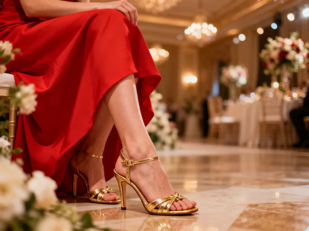 Eleganckie złote sandały na obcasie zestawione z czerwoną sukienką w weselnej scenerii.