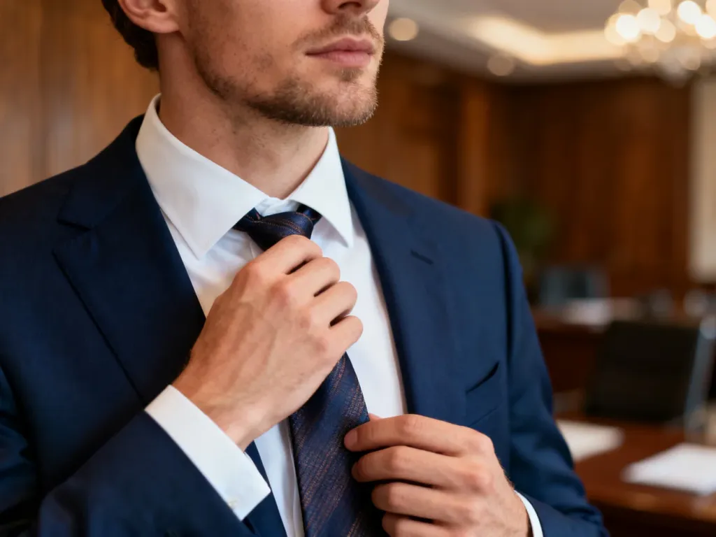 Elegancki mężczyzna w granatowym garniturze i białej koszuli poprawia jedwabny krawat, prezentując klasyczny styl biznesowy.