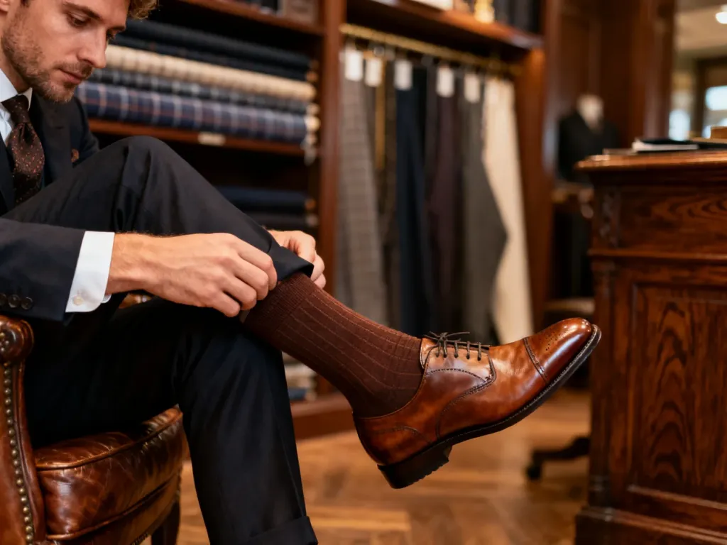 Eleganckie skórzane buty i wysokiej jakości skarpetki do garnituru w stylowym wnętrzu zakładu krawieckiego.