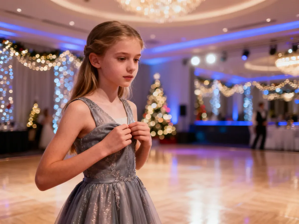 Nastolatka w eleganckiej sukni balowej przygotowuje się do zabawy w sali udekorowanej świątecznymi światłami.