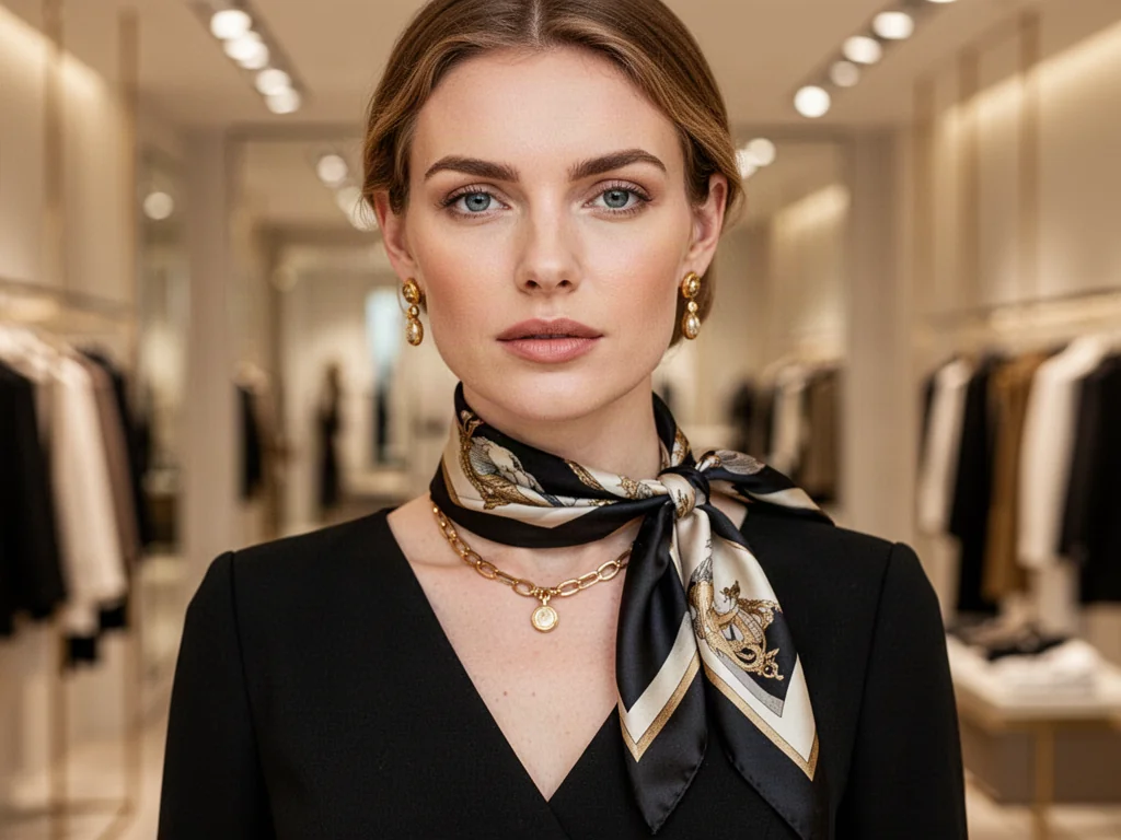 Elegancka kobieta w czarnej sukience, ozdobionej złotą biżuterią i jedwabną apaszką, prezentuje szykowną stylizację.
