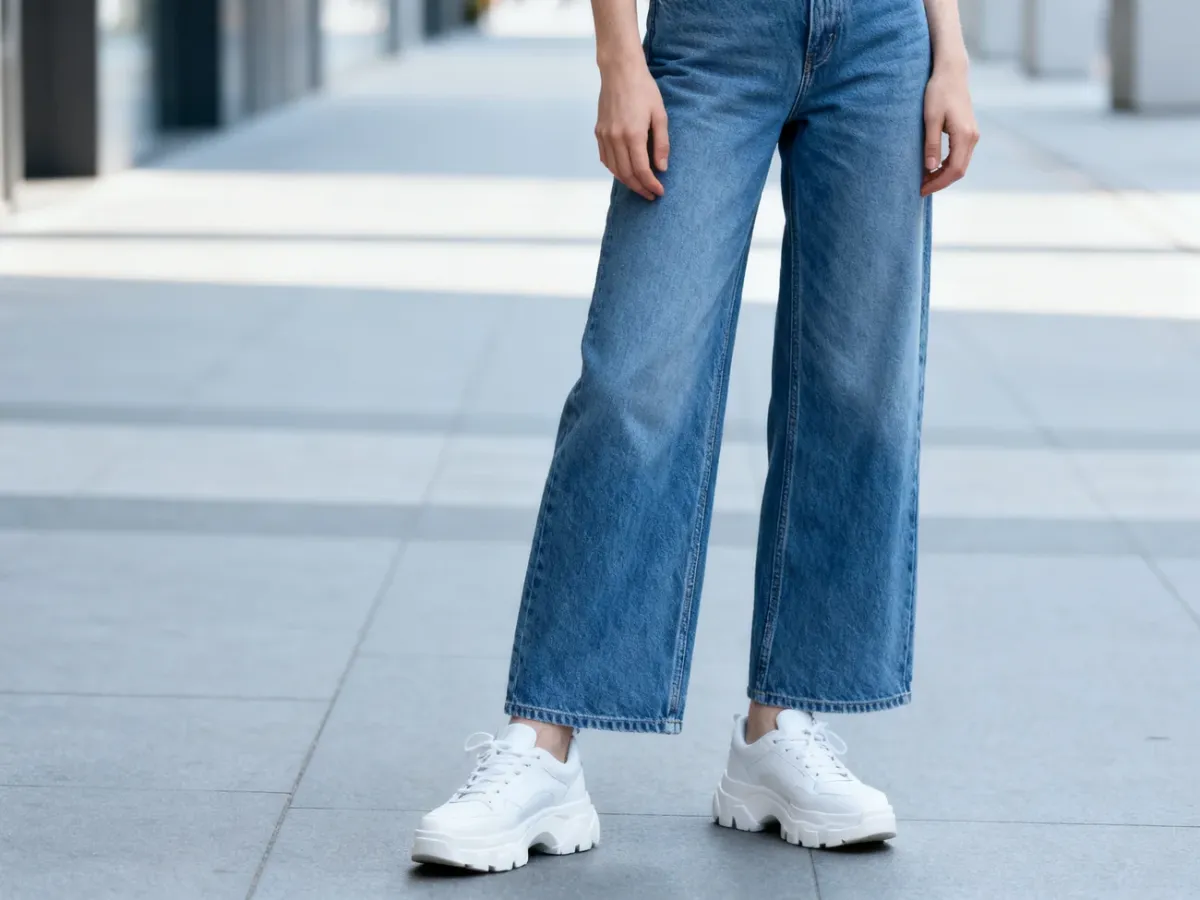 Kobieta w szerokich jeansach i masywnych białych sneakersach na tle nowoczesnej miejskiej architektury.
