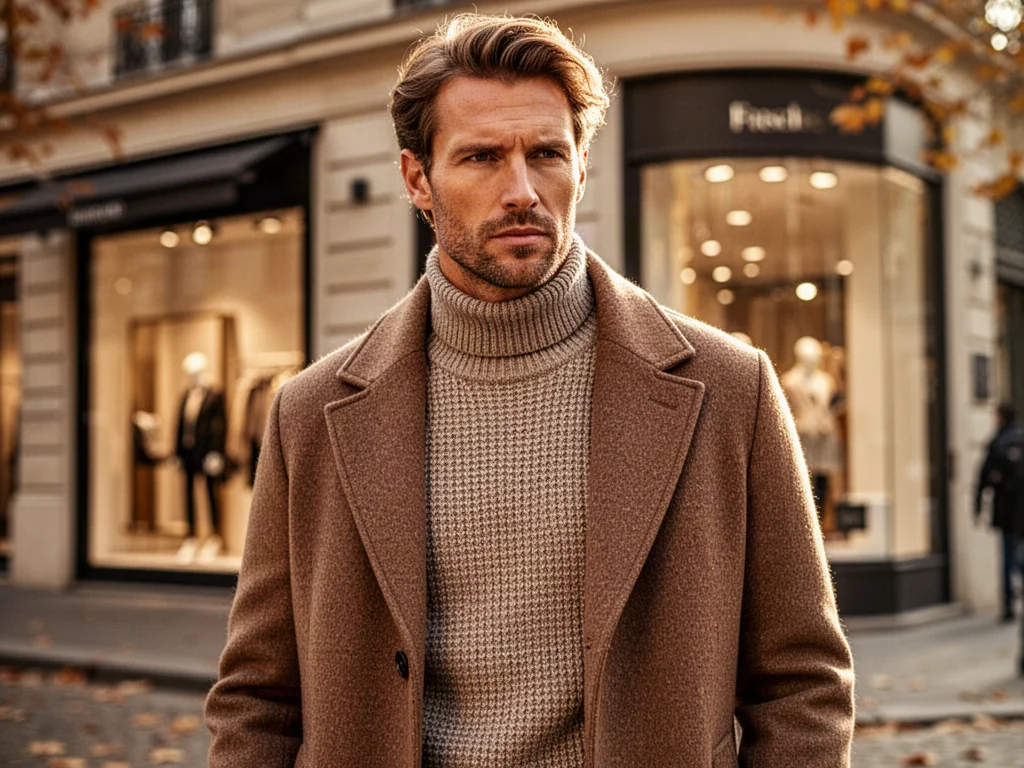 Mężczyzna w stylowym płaszczu i swetrze na tle nowoczesnej miejskiej ulicy, prezentujący modę marki Scotch & Soda.