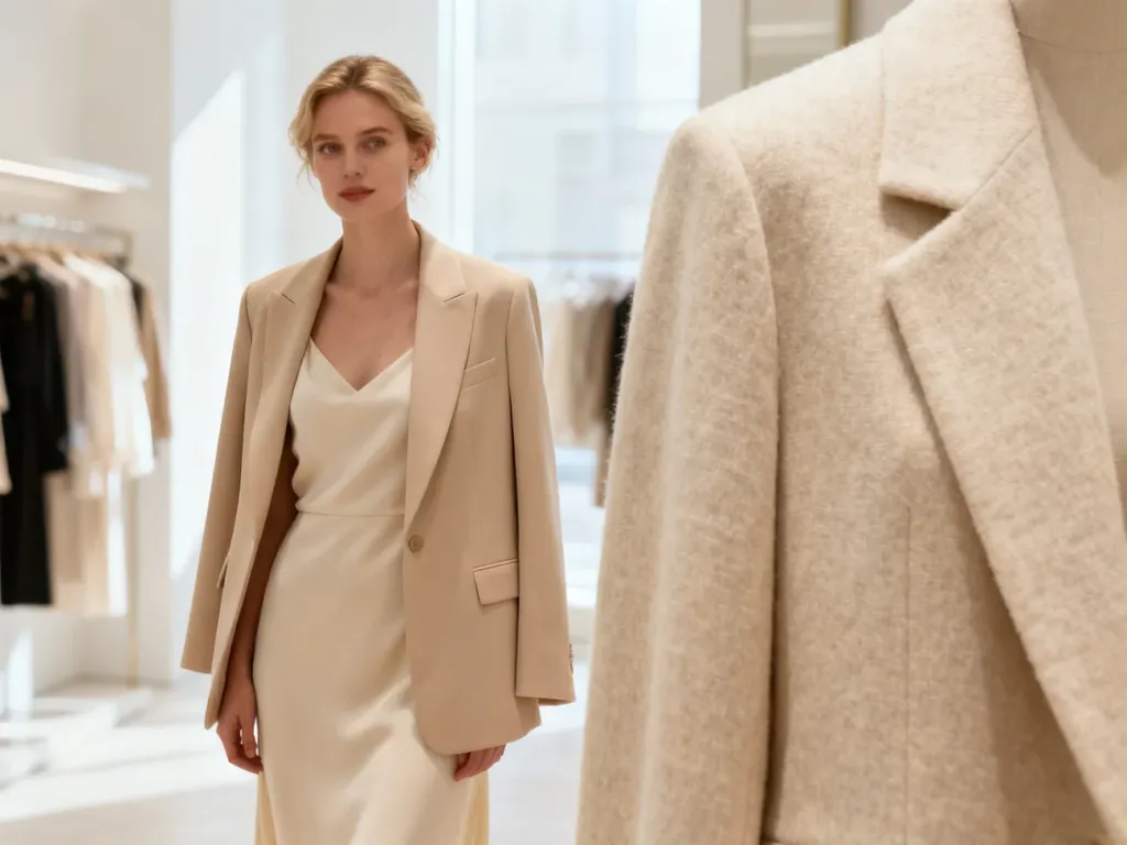 Elegancka kobieta w sukience i dopasowanej marynarce w nowoczesnym butiku, prezentująca stylowe połączenie odzieży.