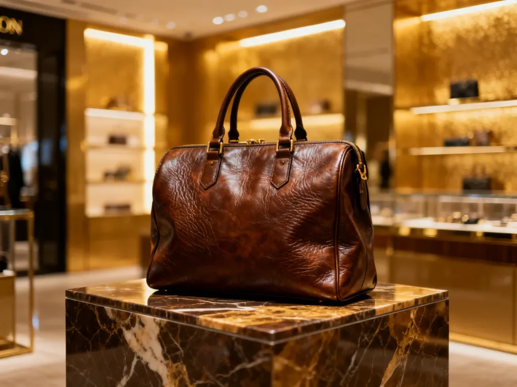 Luksusowa skórzana torebka Louis Vuitton wyeksponowana na marmurowym postumencie w eleganckim wnętrzu butiku.